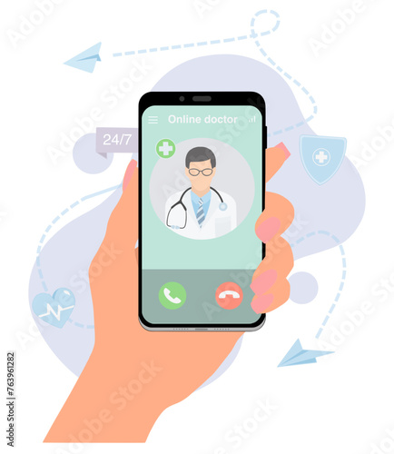 Online doctor concept. medicine mobile phone app. doctor consultant call on phone screen. telemedicine vector illustration, insurance 