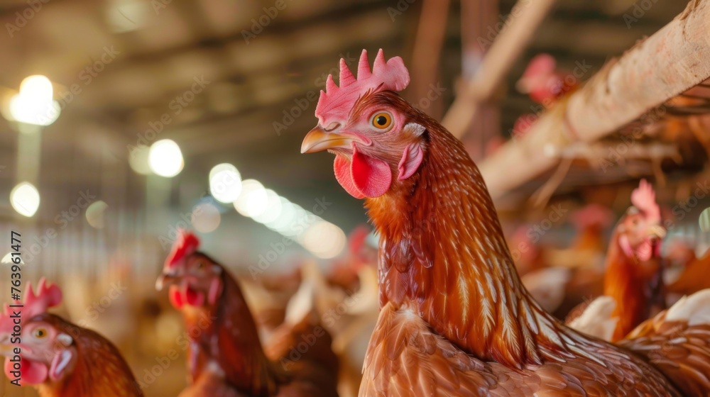Chickens in a commercial poultry farm housed in large enclosed areas