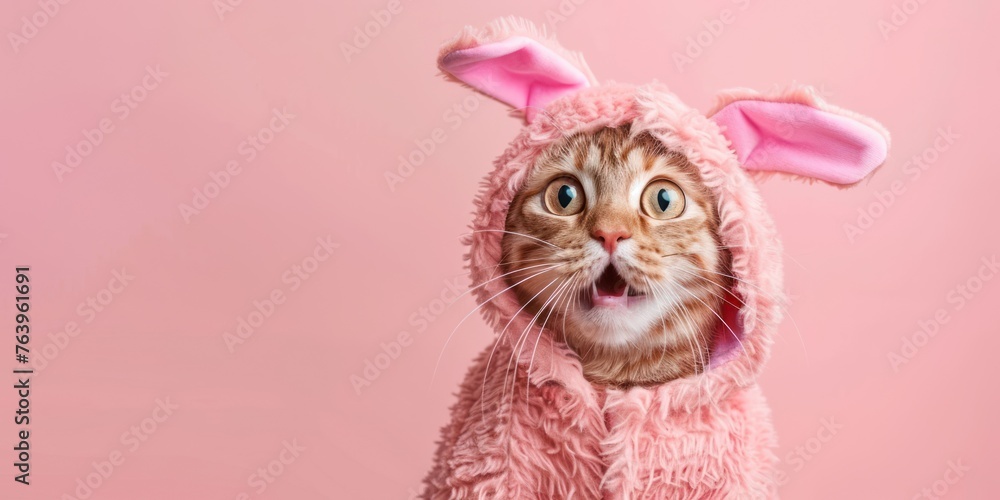 nice surprised cat wearing a pink rabbit costume, on solid background