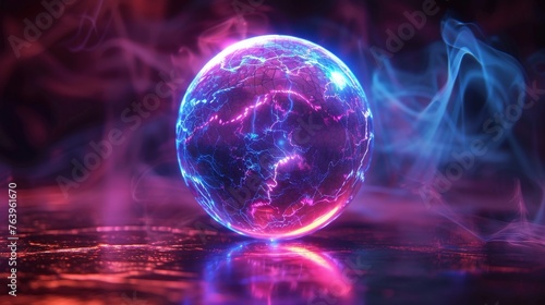 Plasma ball glowing with vibrant colors dark room frontal shot mesmerizing patterns