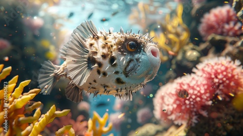 Pufferfish expanding among coral reefs soft daylight eye level underwater marvel