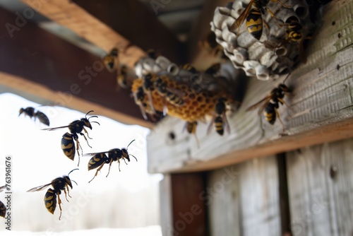 hornets circling a nest made on a barn rafter photo