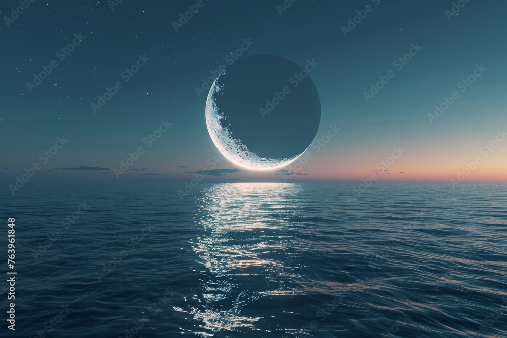 Waning crescent moon over a calm sea late night low angle tranquil blue tones