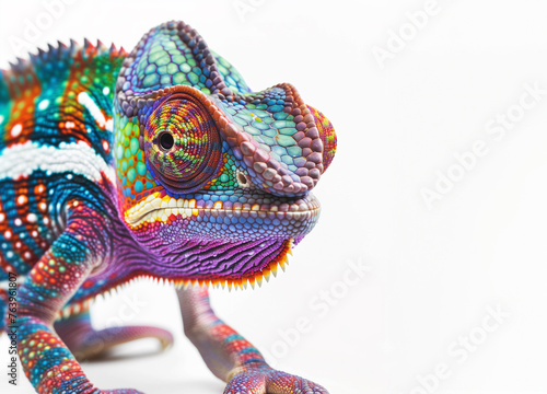 Colorful chameleon isolated on empty white background