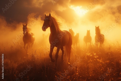 Trample of wild horses through a misty valley sunrise wide angle dynamic motion © Pornarun