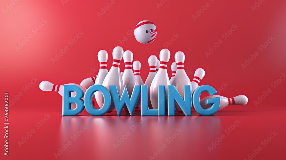 3D Banner of a bowling ball rolling towards a group of pins, and in bold print with the word