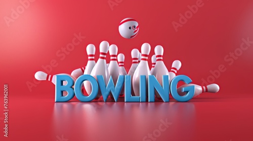 3D Banner of a bowling ball rolling towards a group of pins, and in bold print with the word bowling