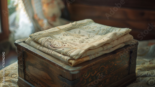 An embroidered textile on an antique chest.