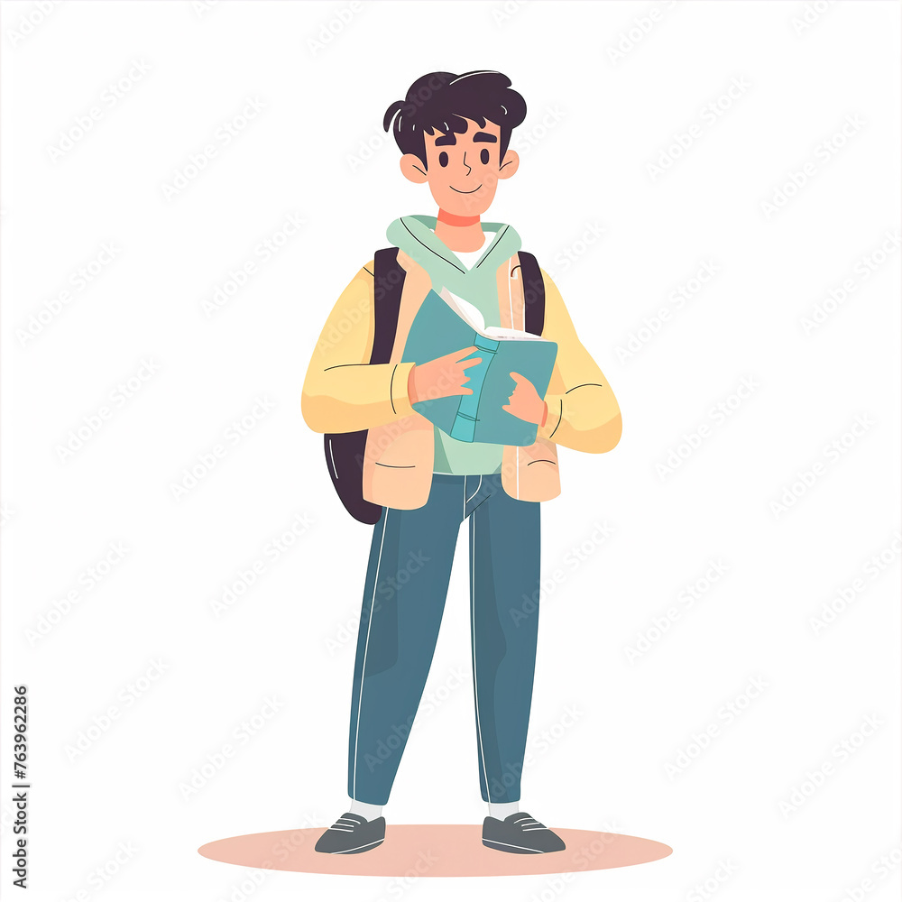 illustration of student reading book, scholar boy teenager studying educational materials, isolated flat vector modern illustration of child, full of curiosity and motivation