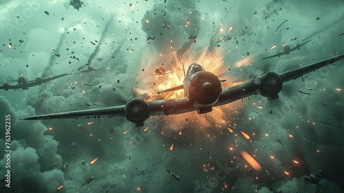 cloudy WWII skies, flak explosions ignite the dogfight, creating a scene of high contrast drama from an action angle.