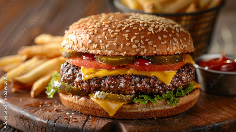 Cheeseburger with fries on a wooden table. Cheeseburger with fries on a wooden table.