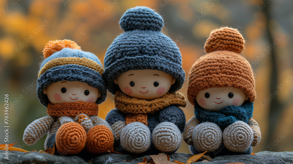Cheerful Amigurumi Dolls in Knitted Hats and Scarves Celebrating Autumn Outdoors