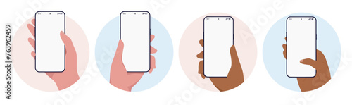 Mobile phone in hand template collection - Vector mockup of phones with white empty screen being held in diverse human hands on various background colours. Front view flat design illustrations