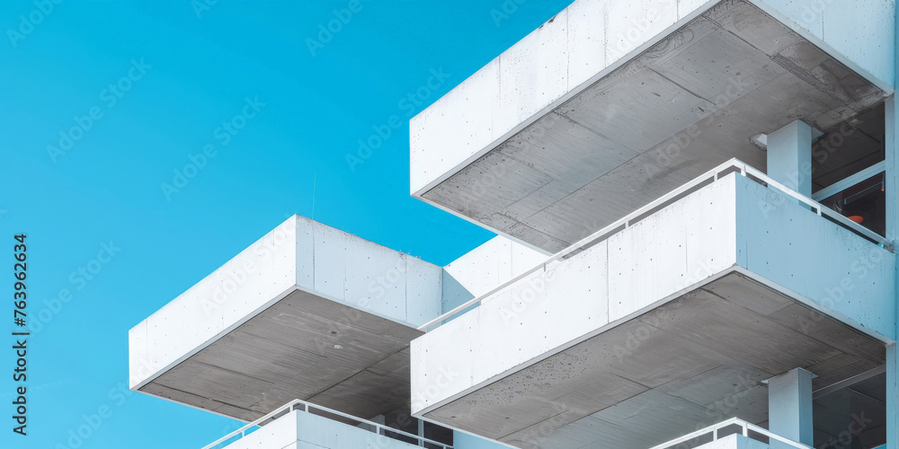 Obraz premium A closeup of white concrete corner apartment building with architectural detail geometric shapes on blue sky background. modern concrete building in blue