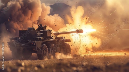 Modern artillery gun in action, firing projectiles with precision. The image captures the power and destructive capability of artillery systems