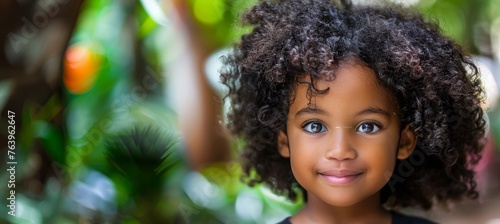 Sweet child with curly hair smiling directly at the camera, exuding charm and innocence photo