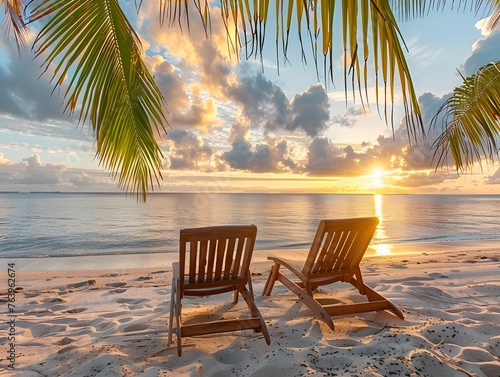 Sunset View from Tropical Beach with Palm Trees and Chairs