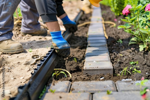 worker installing edging to hold garden pavers in place © Alfazet Chronicles