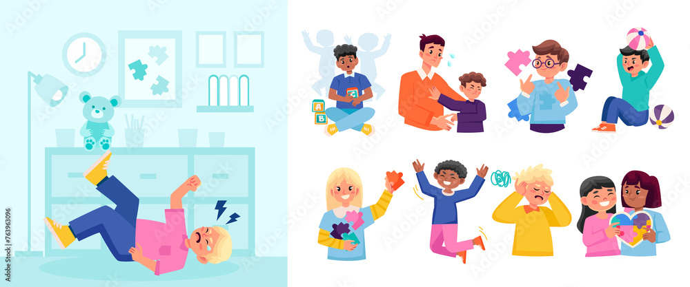 Autism icons and illustration in flat design Autism icons and illustration in flat design