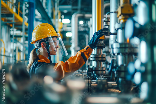 Chemical industry plant workers wearing uniform, eye shield glasses and hard hat checking pipes and machinery at refinery.