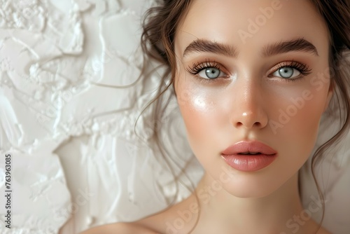 Professional Makeup Look in White Colors with Copy Space. Concept Makeup Styles, White Color Palette, Copy Space, Beauty Photography, Editorial Makeup