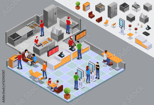 Fast food restaurant illustration and icons in isometric view