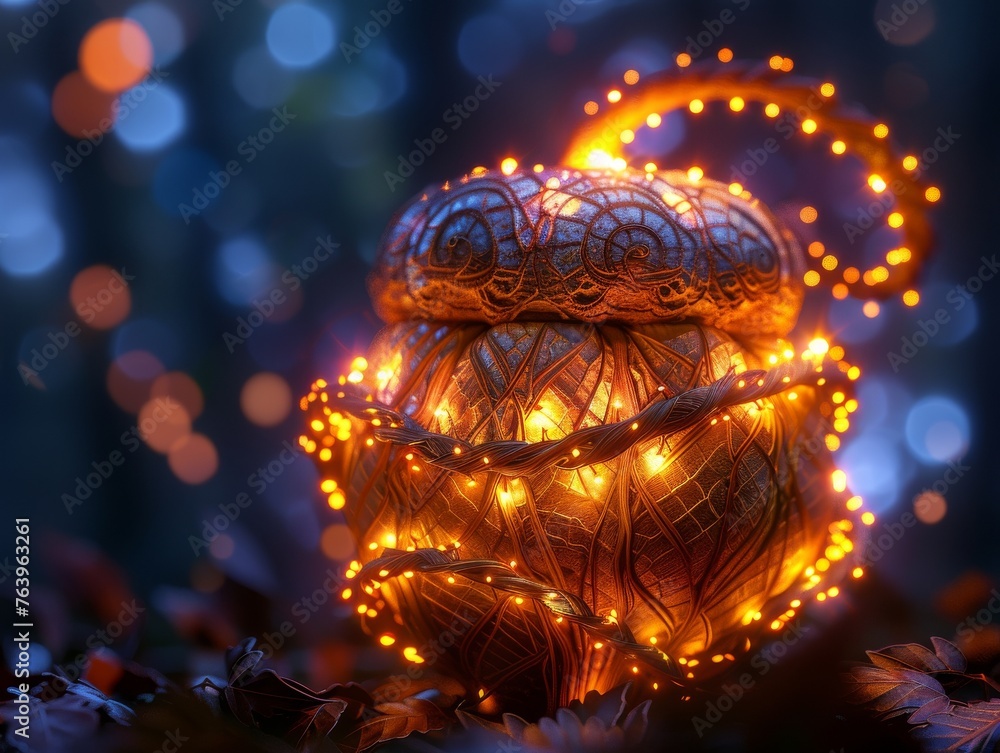Dream and reality merge acorn with glowing tails abstract form night light