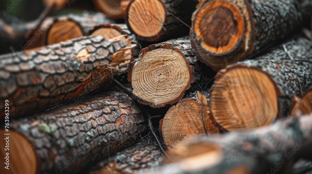 Close-up shot of a pile of cut wooden logs in the forest, with the focus on the texture and patterns of the wood