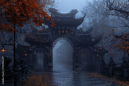 Foggy entrance to the ancient Chinese temple in the autumn forest