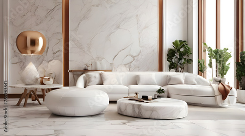 Wallpaper Mural White minimalistic marble tile modern living room design . White sofa against white wall and bookshelf. Modern living place .Modern interior design. Bedroom design. Torontodigital.ca