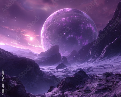 Against the backdrop of static space, a purple planet stands out as a beacon of intense wellness amid chiaroscuro landscapes.