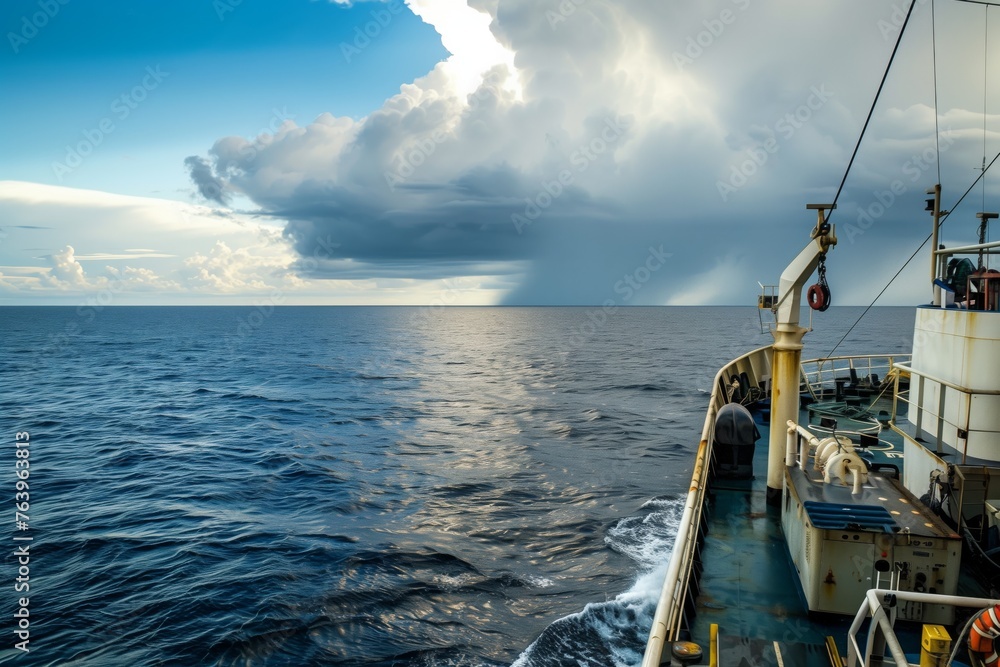 supply ship at sea with a distant storm visible on the horizon supply ship at sea with a distant storm visible on the horizon
