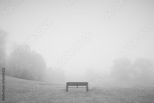 Wooden bench in fog on field