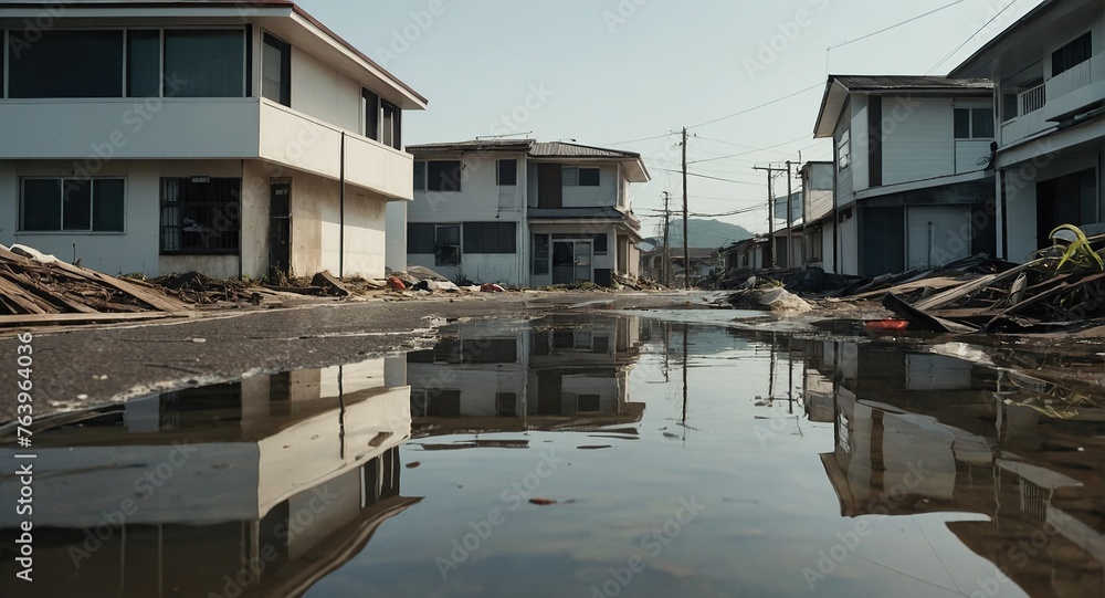 Submerged buildings and streets after a tsunami Submerged buildings and streets after a tsunami
