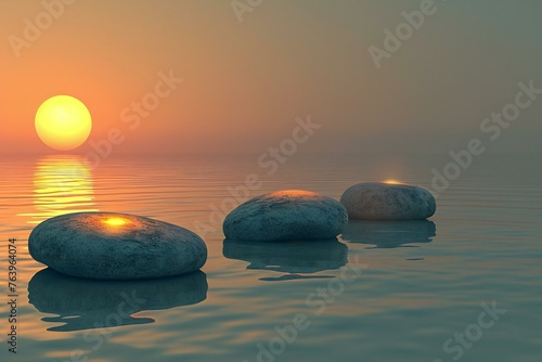 Sunset over sea with stones in water