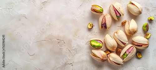 Pistachios displayed on a luminous white tabletop with ample area for text placement