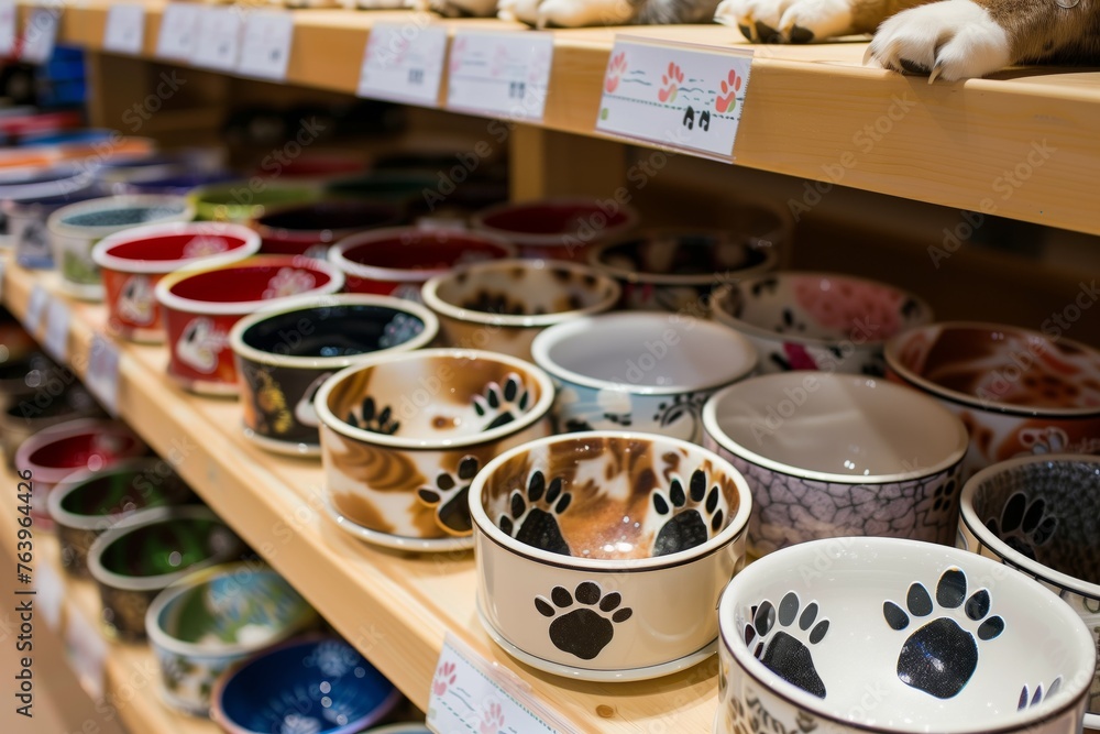 pet bowls with paw print designs in a store