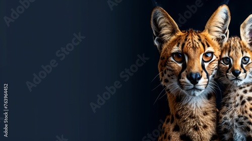 Male serval and kitten portrait with text space, object on right side, ideal for versatile designs photo