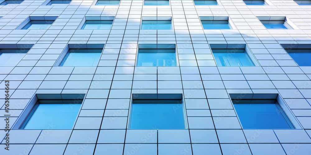A closeup of exterior wall texture, showcasing rectangular windows on an office building on blue sky background,Steel Geometric square block Wall in Modern Architecture A closeup of exterior wall texture, showcasing rectangular windows on an office building on blue sky background,Steel Geometric square block Wall in Modern Architecture