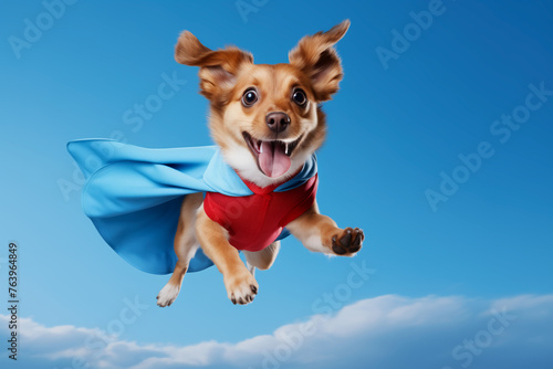Perro con super poderes volando con capa roja.
