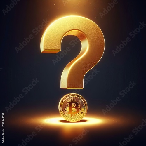 A golden question mark illuminated from behind looms over a Bitcoin coin, casting a glow that symbolizes the mystery and speculation surrounding cryptocurrency. The image evokes questions about the