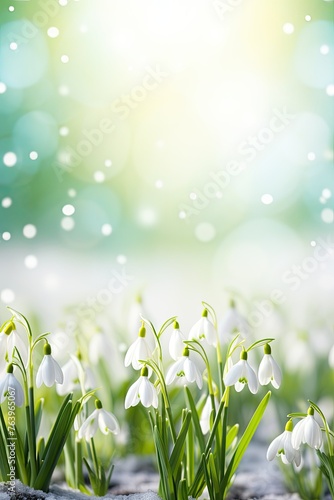 background of spring flowers. Snowdrops in the sun. Close-up