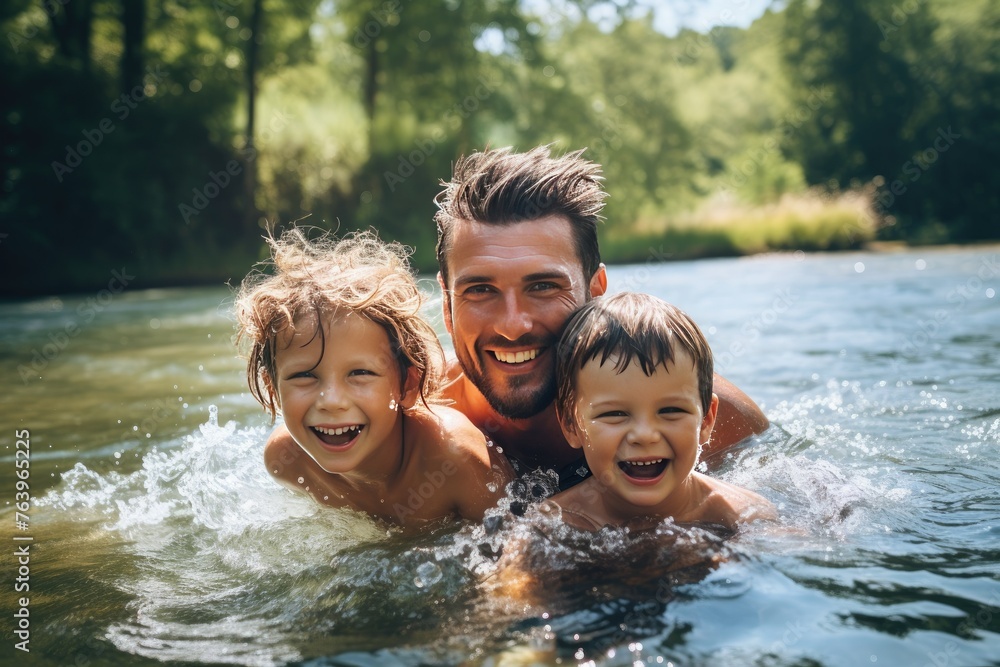 A smiling father with children in the river. Joyful parent and children are swimming in the water. Close-up. A smiling father with children in the river. Joyful parent and children are swimming in the water. Close-up.