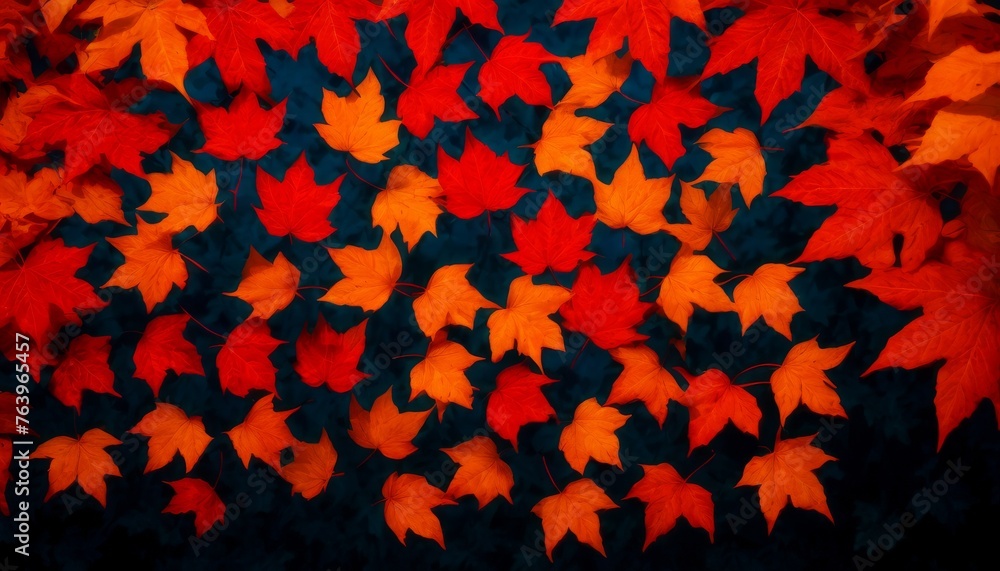 The tapestry of fiery red leaves presents a passionate dance on a shadowy backdrop. This image invokes the warmth and vibrancy of an autumn twilight.