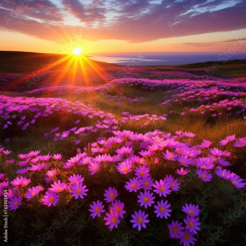 Sunset over a field of purple flowers. background
