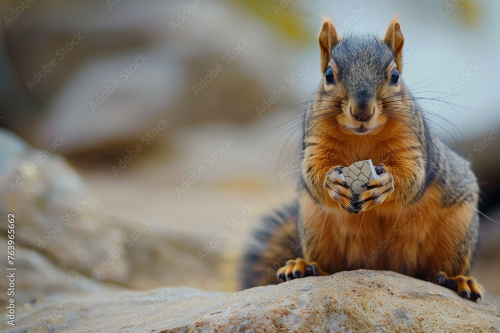 squirrel with a paper logo on chest standing over a nut boulder squirrel with a paper logo on chest standing over a nut boulder