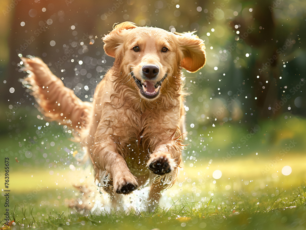Golden Retriever frolicking in water, ears flying, joyous expression.