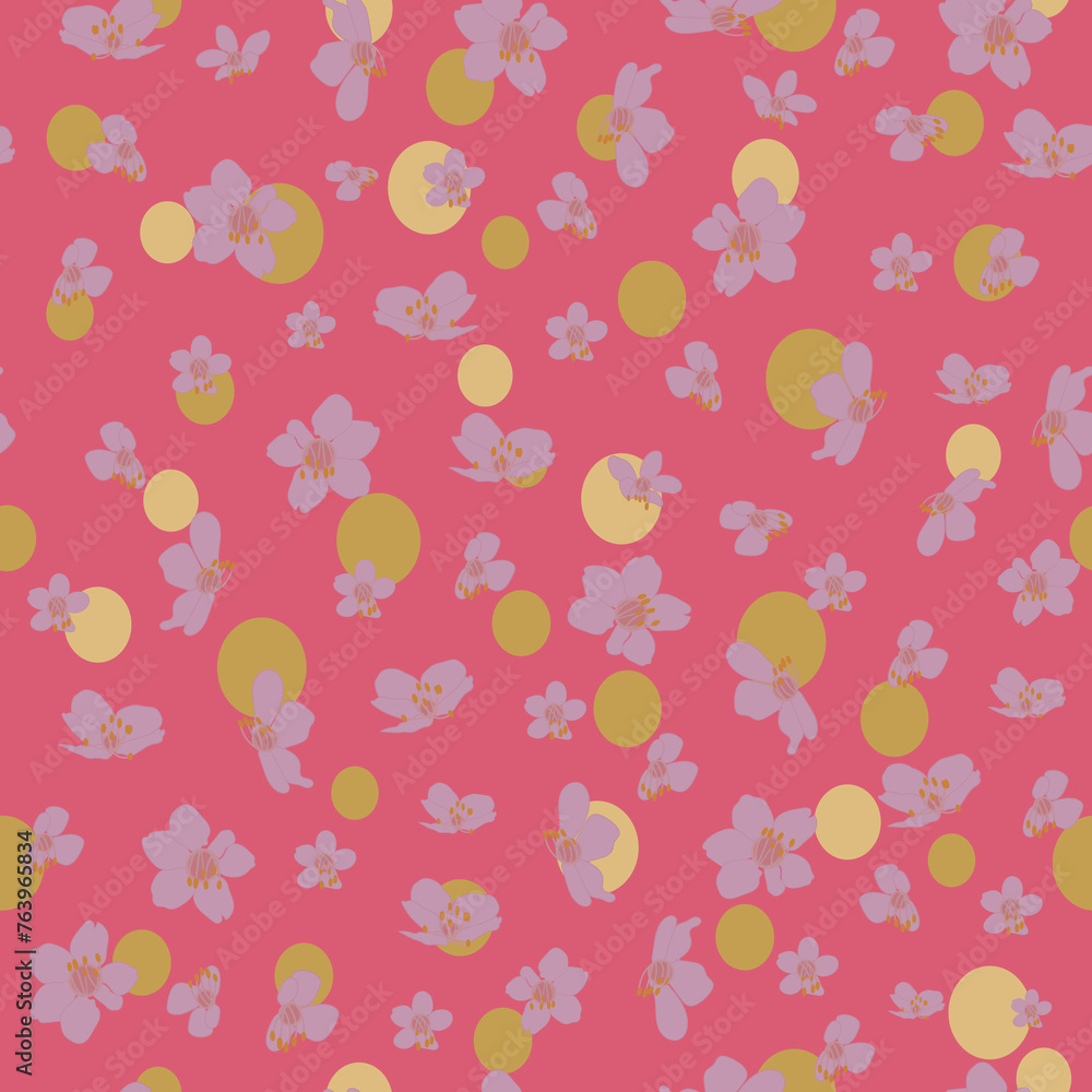 Vector artwork hand drawn pink cherry blossoms pink background with yellow polka dots seamless pattern