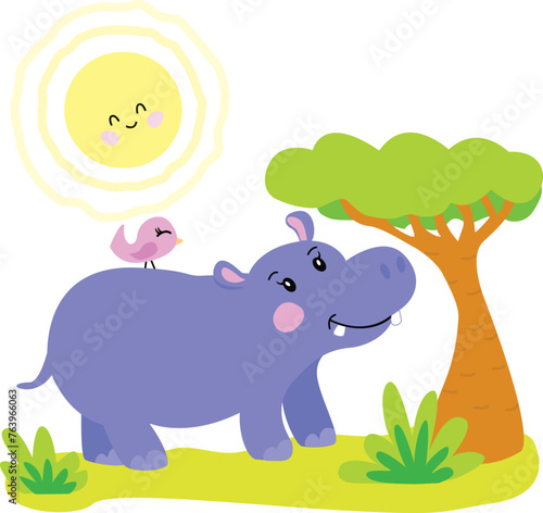 Vector Illustration of cute purple blue grey hippo  little pink bird. Simple beautiful smiling sun. African umbrella tree and green fresh grass. Summer safari zoo collection of little animals. Kawaii