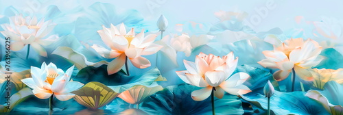 Captivating watercolor painting of lotus flowers against a serene blue background, symbolizing purity and enlightenment. Generative AI © Лилия Захарчук